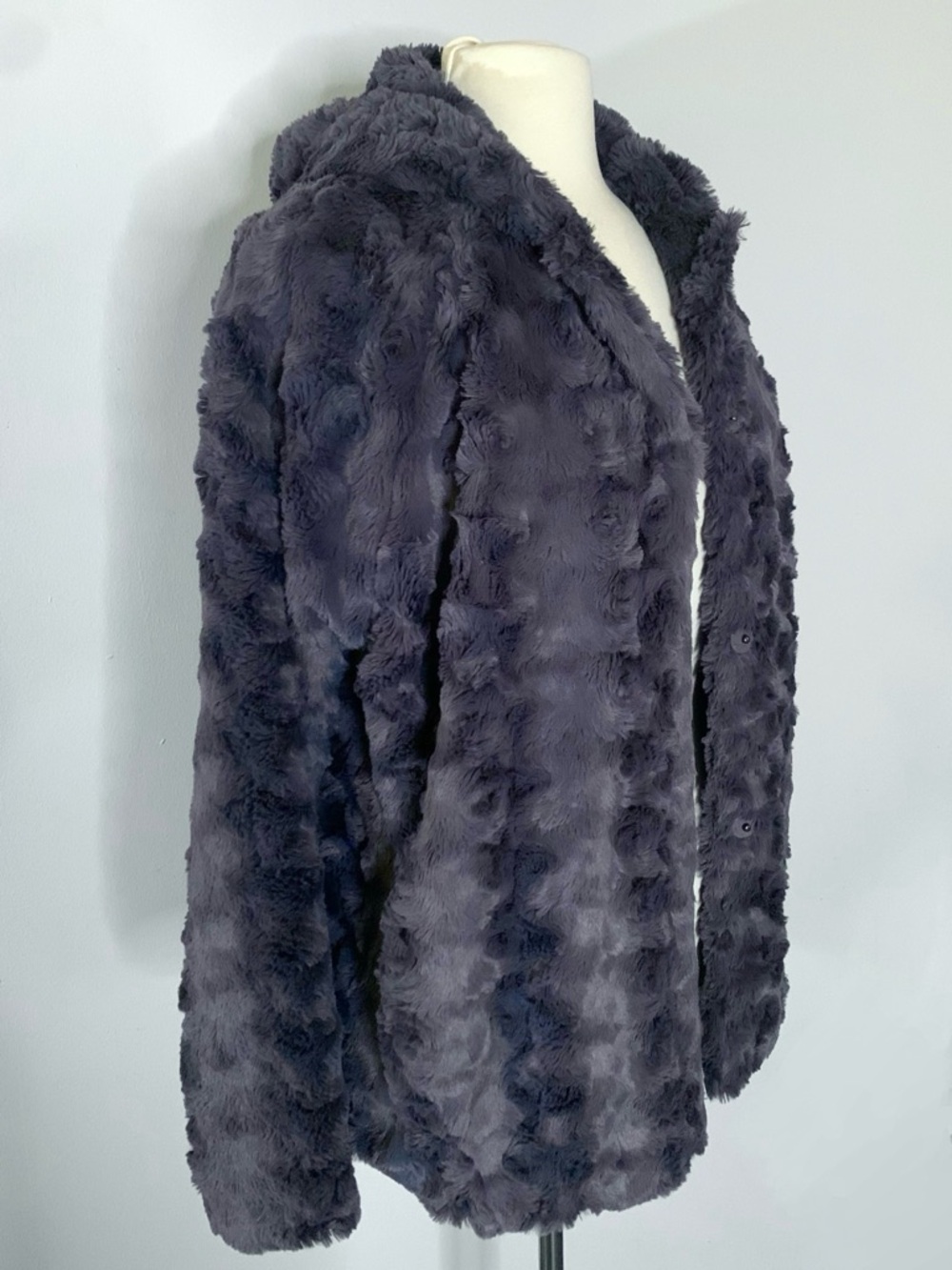 Plush Hooded Faux Fur Jacket - Steel Blue Grey